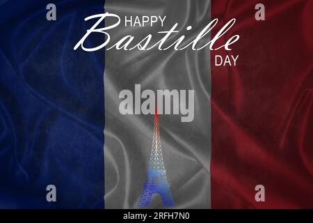 14 July Bastille day flyer, banner or poster. Holiday background with waving flag in man`s hand and map. Vector flat illustration. Stock Photo